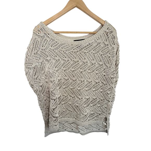 WHBM Open Crochet Knit Sweater Womens Large Biege Gold Short Dolman Sleeve Boho - Picture 1 of 9